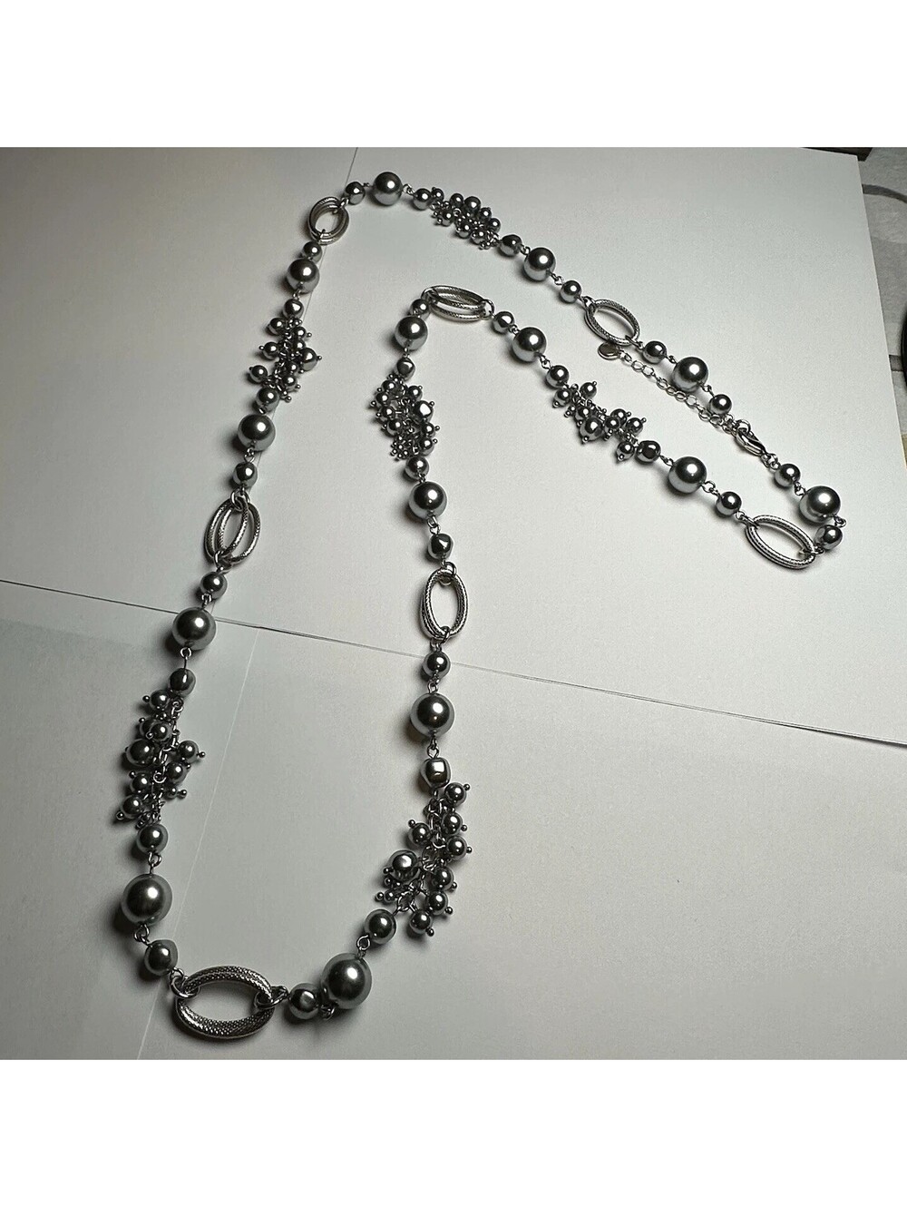 Talbots Long Blueish Gray Faux Pearl Cluster Chain Necklace Silver Tone